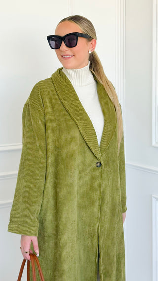 Leopard Lined Italian Long Blazer- Moss