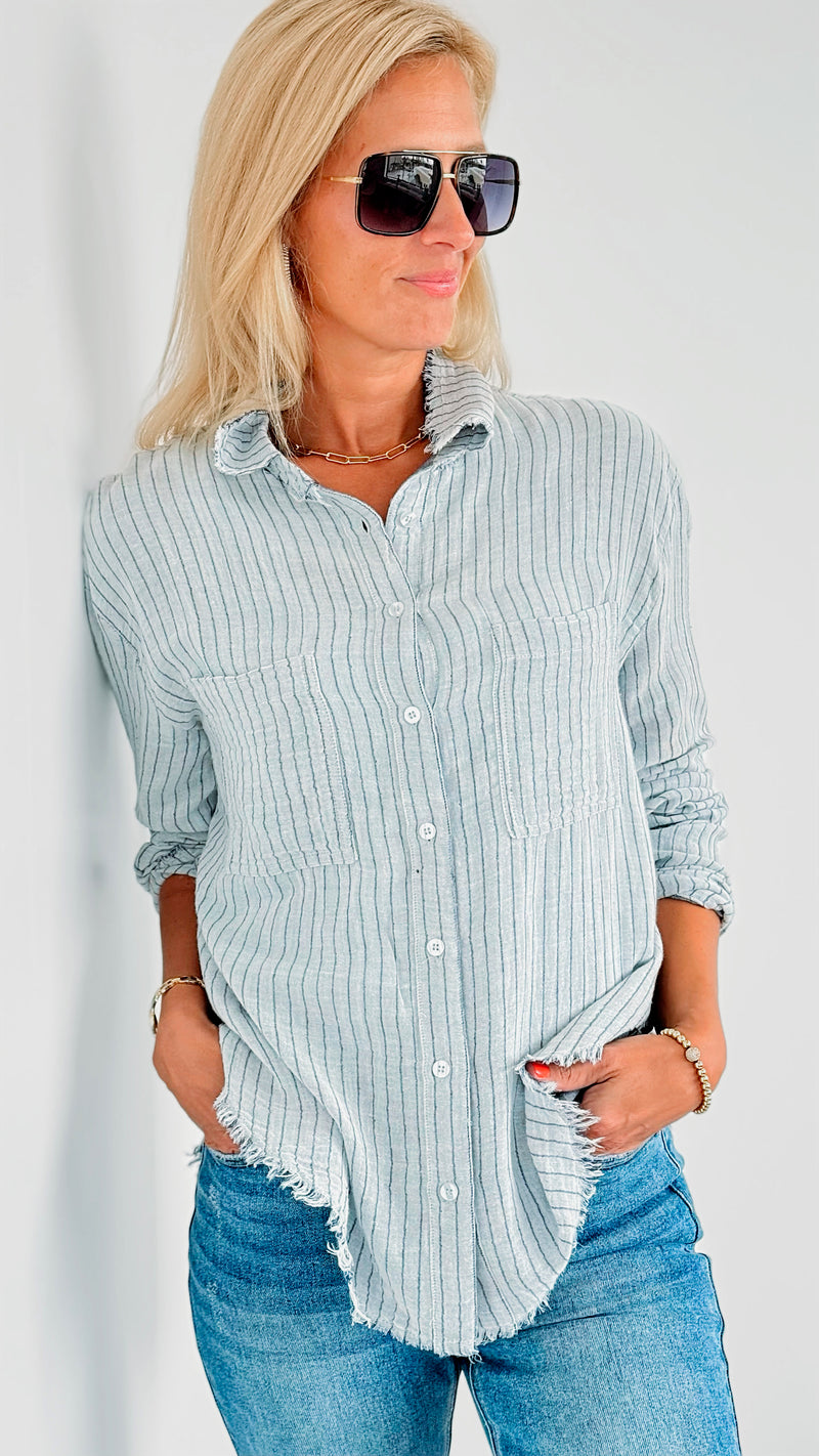 Blue Striped Blouse With Buttns-130 Long Sleeve Tops-On Blue-Coastal Bloom Boutique, find the trendiest versions of the popular styles and looks Located in Indialantic, FL