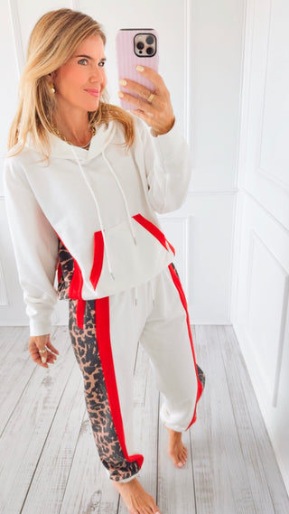 Wild Side Stripe Lounge Set - Off White/ Leopard