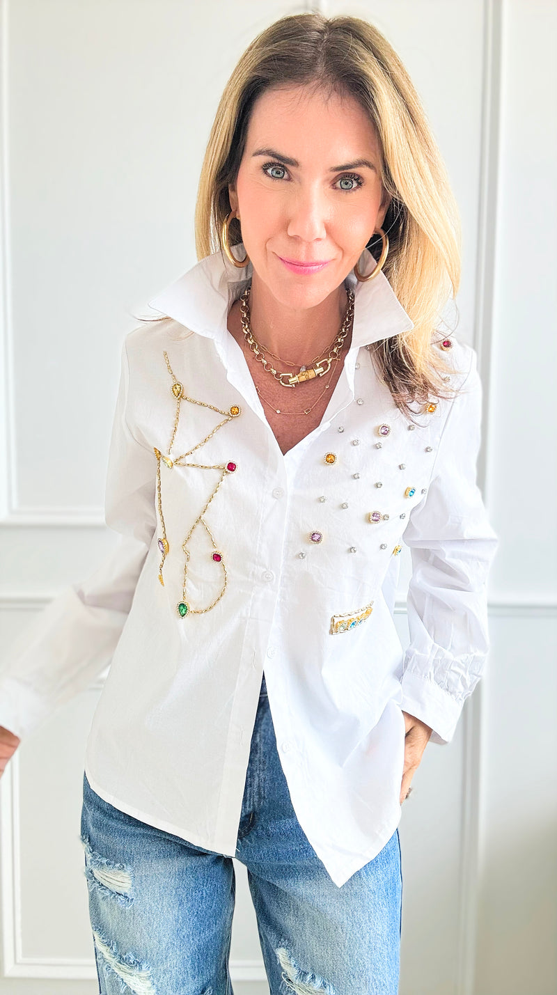 Rhinestone Poplin Blouse-130 Long Sleeve Tops-OOPS!-Coastal Bloom Boutique, find the trendiest versions of the popular styles and looks Located in Indialantic, FL