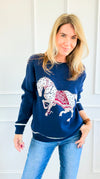 Equestrian Parade Italian Sweater- Navy-140 Sweaters-K2-Coastal Bloom Boutique, find the trendiest versions of the popular styles and looks Located in Indialantic, FL