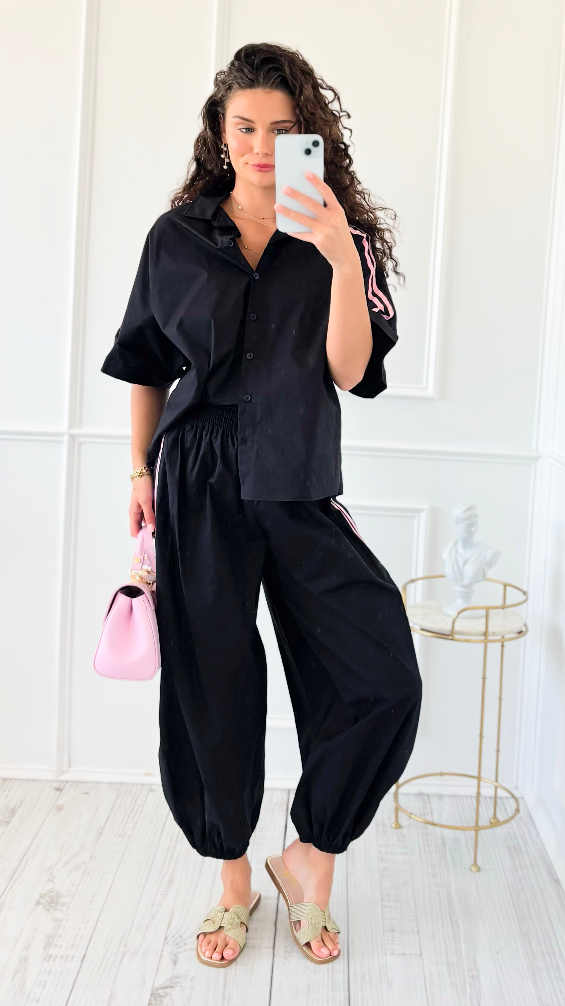 Sporty Chic Side Stripe Italian Jogger- Black