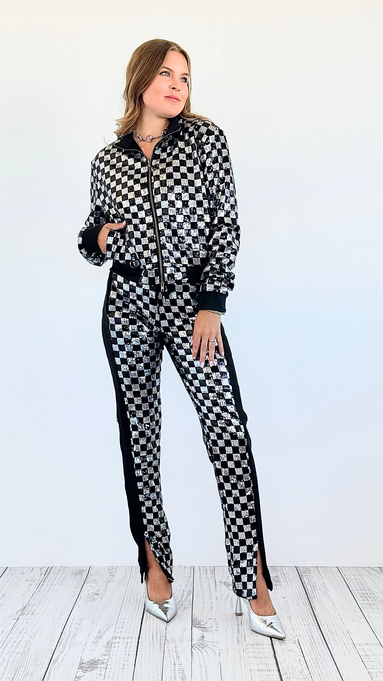 Checkered Sequin Jacket and Pants Set -Silver-210 Loungewear/Sets-Rousseau-Coastal Bloom Boutique, find the trendiest versions of the popular styles and looks Located in Indialantic, FL