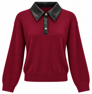 Faux Leather Edge Collar Sweatshirt - Wine