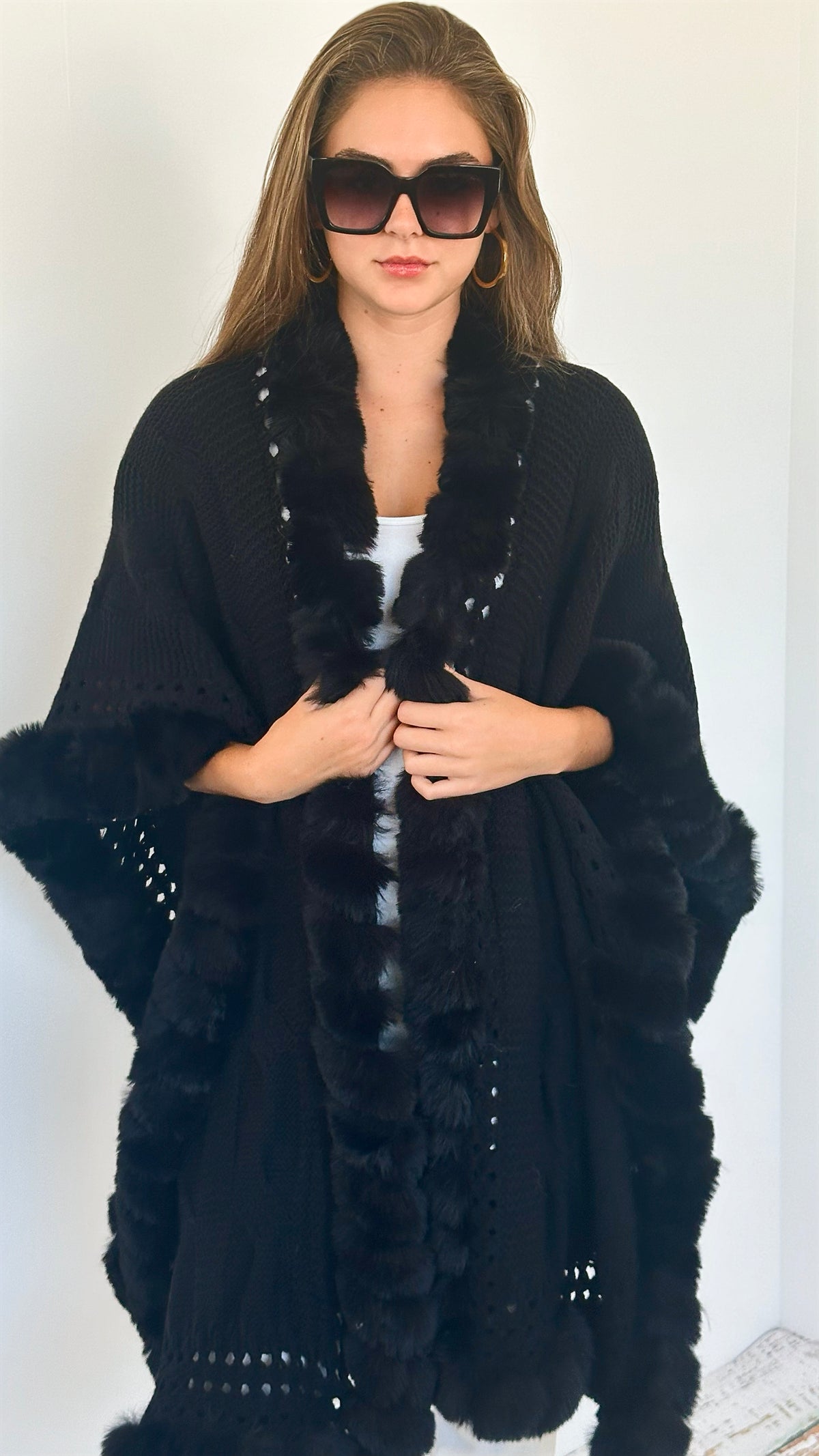 Faux Fur Trim Knitted Cardigan - Black-150 Cardigans/Layers-NYW-Coastal Bloom Boutique, find the trendiest versions of the popular styles and looks Located in Indialantic, FL