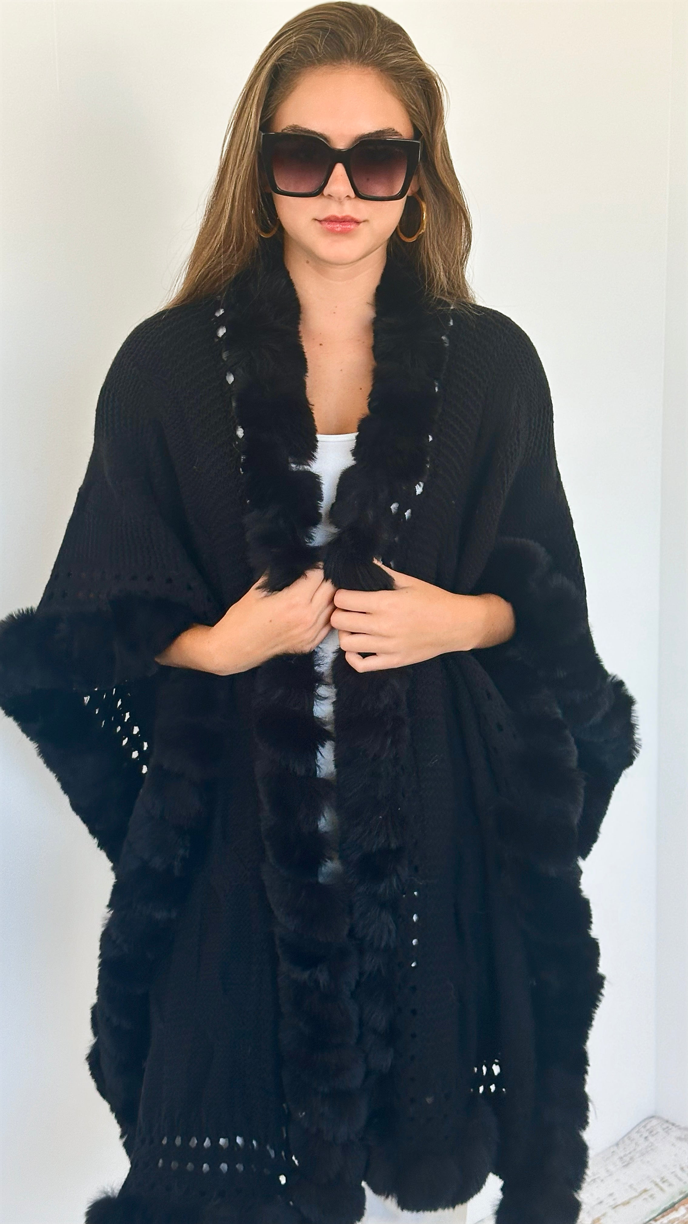 Vegan Fur Edges Knitted Cardigan - Black-150 Cardigans/Layers-NYW-Coastal Bloom Boutique, find the trendiest versions of the popular styles and looks Located in Indialantic, FL