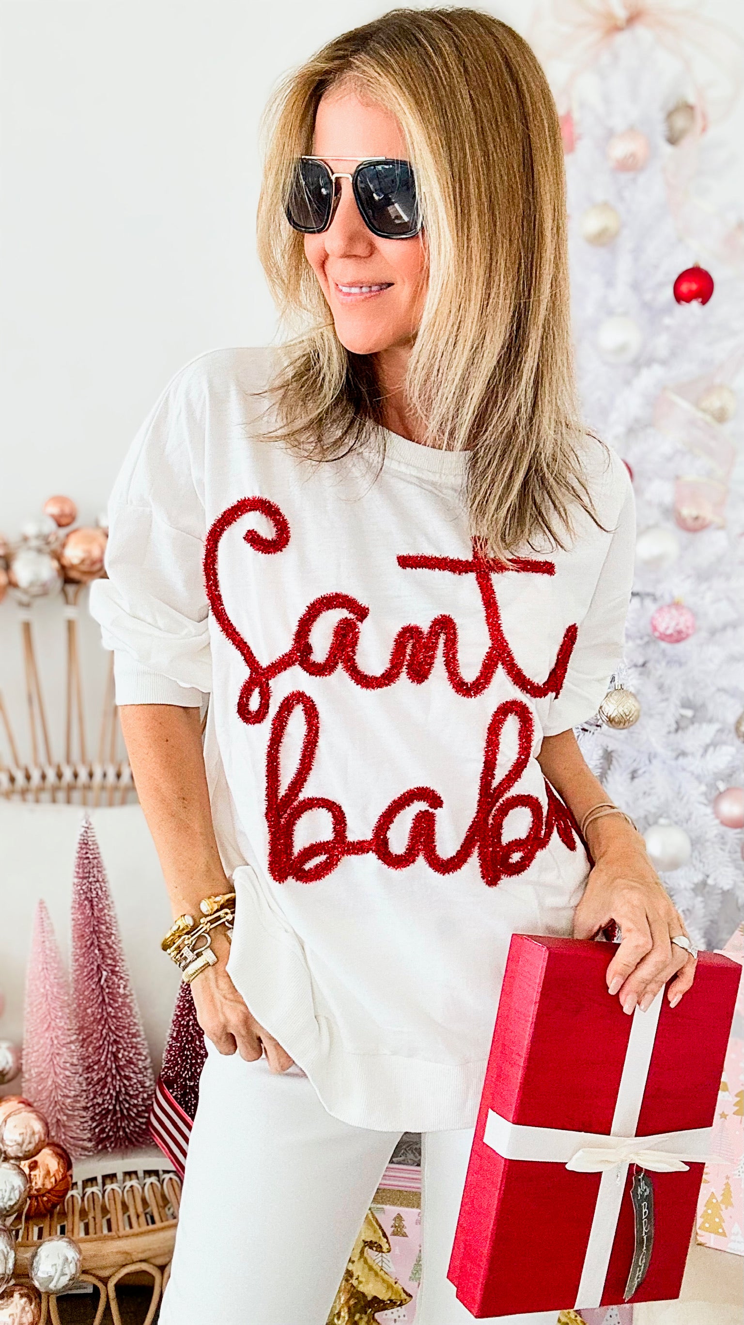 Santa Baby Sweatshirt - White-130 Long Sleeve Tops-BIBI-Coastal Bloom Boutique, find the trendiest versions of the popular styles and looks Located in Indialantic, FL