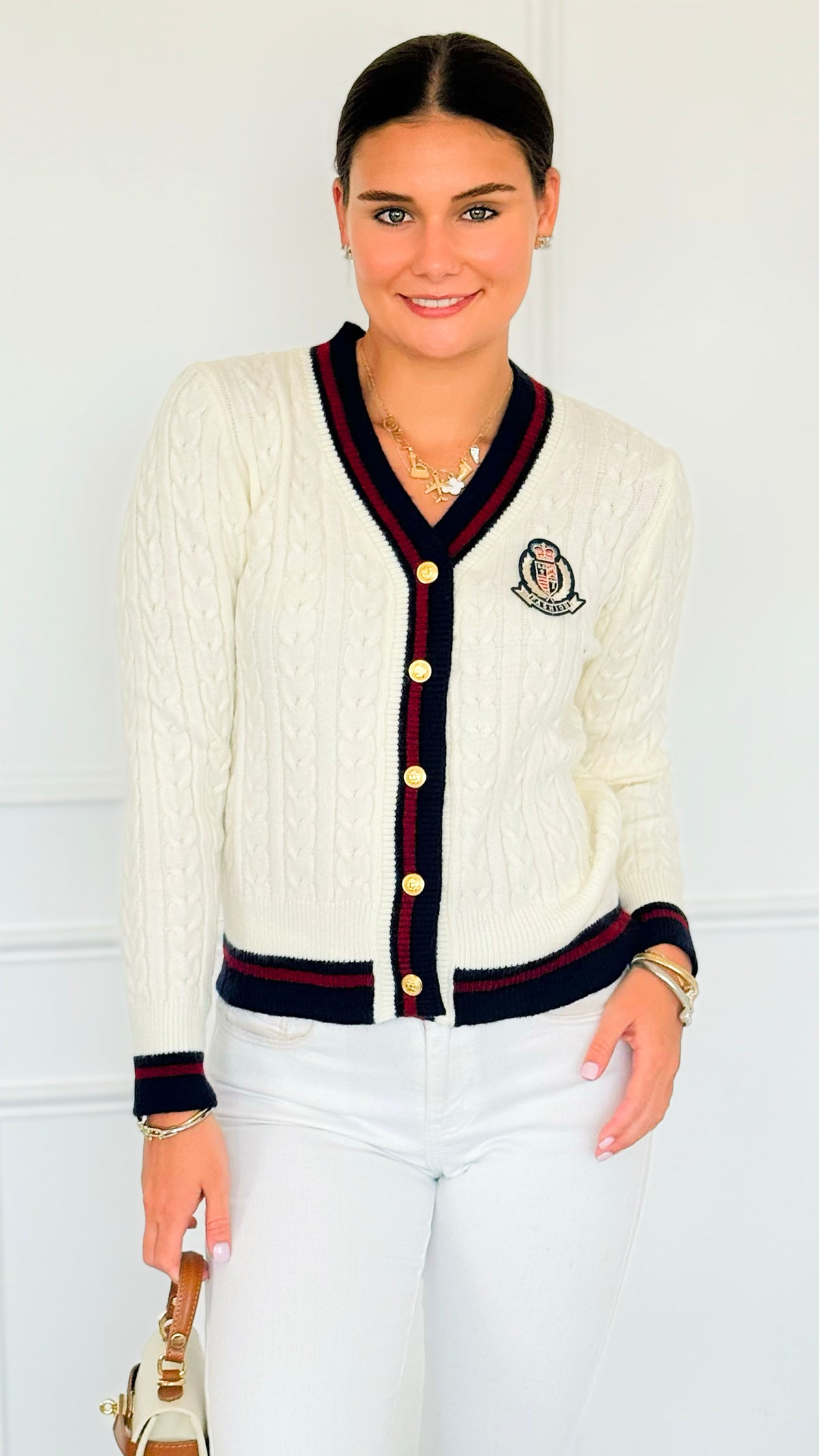 Fashion Varsity Italian Cardigan Sweater-Off White-150 Cardigans/Layers-Italianissimo-Coastal Bloom Boutique, find the trendiest versions of the popular styles and looks Located in Indialantic, FL