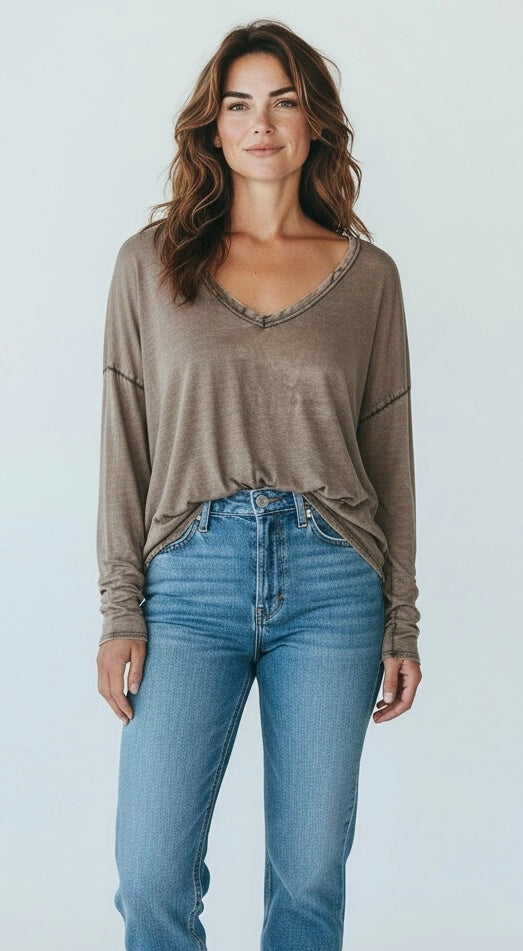Italian Mineral Wash V-Neck Top-Taupe-110 Long Sleeve Tops-FATTURA ACCOMPAGNATORIA-Coastal Bloom Boutique, find the trendiest versions of the popular styles and looks Located in Indialantic, FL