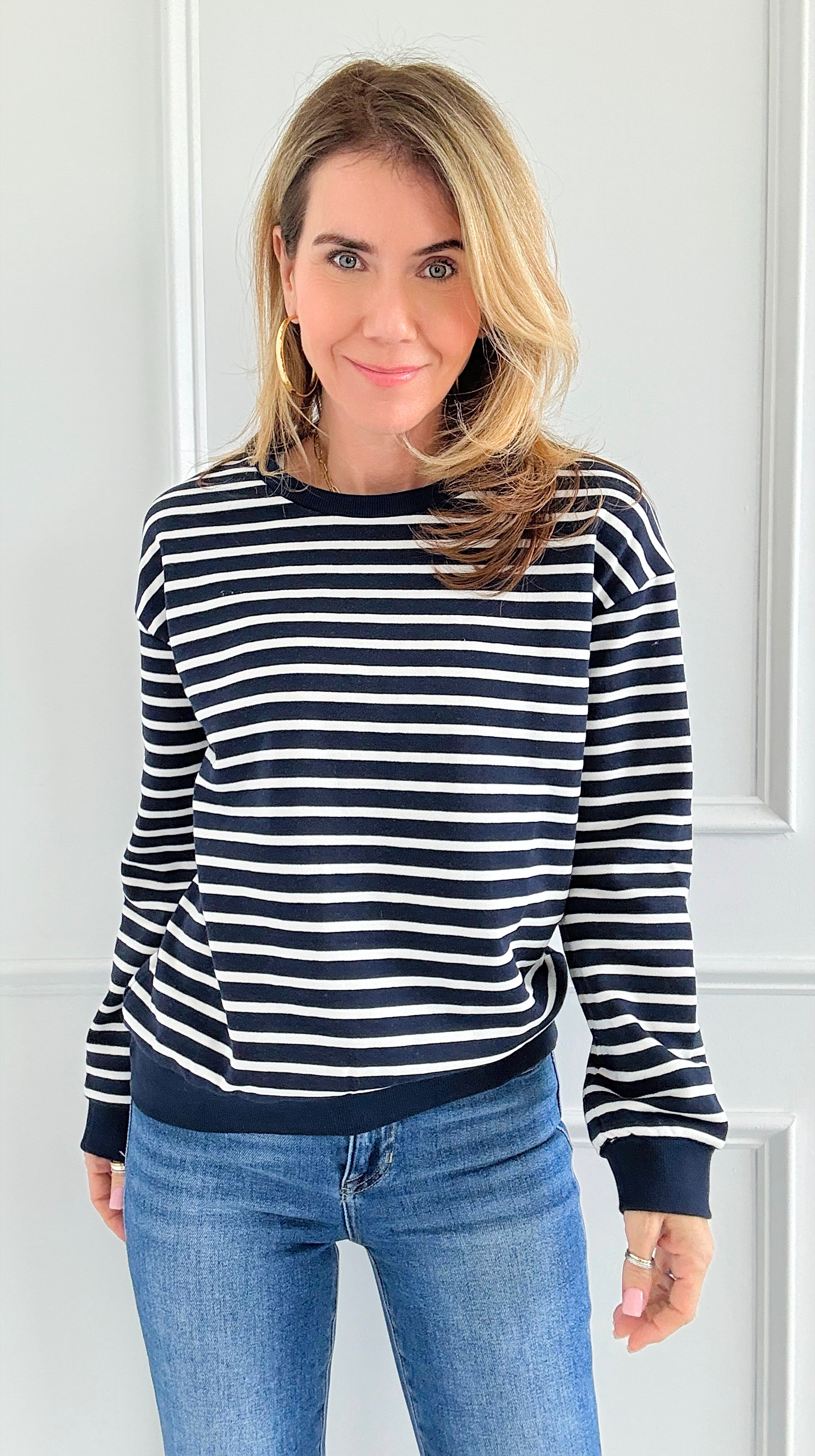 Nautical Stripe Sweatshirt-110 Long Sleeve Tops-English Factory-Coastal Bloom Boutique, find the trendiest versions of the popular styles and looks Located in Indialantic, FL