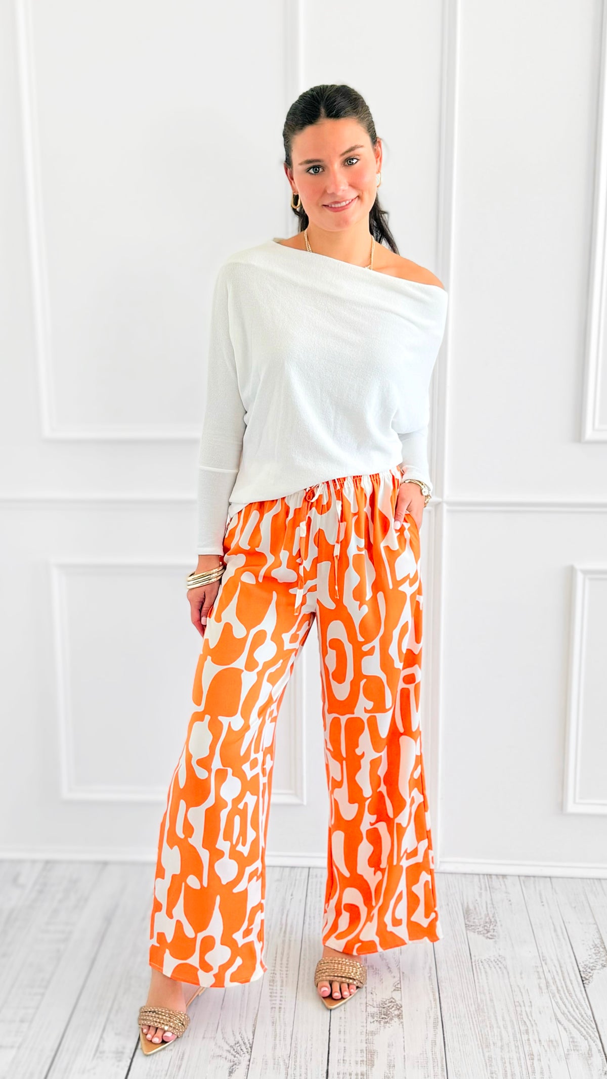 Tropic Whispers Wide Leg Pants - Orange-170 Bottoms-GIGIO-Coastal Bloom Boutique, find the trendiest versions of the popular styles and looks Located in Indialantic, FL