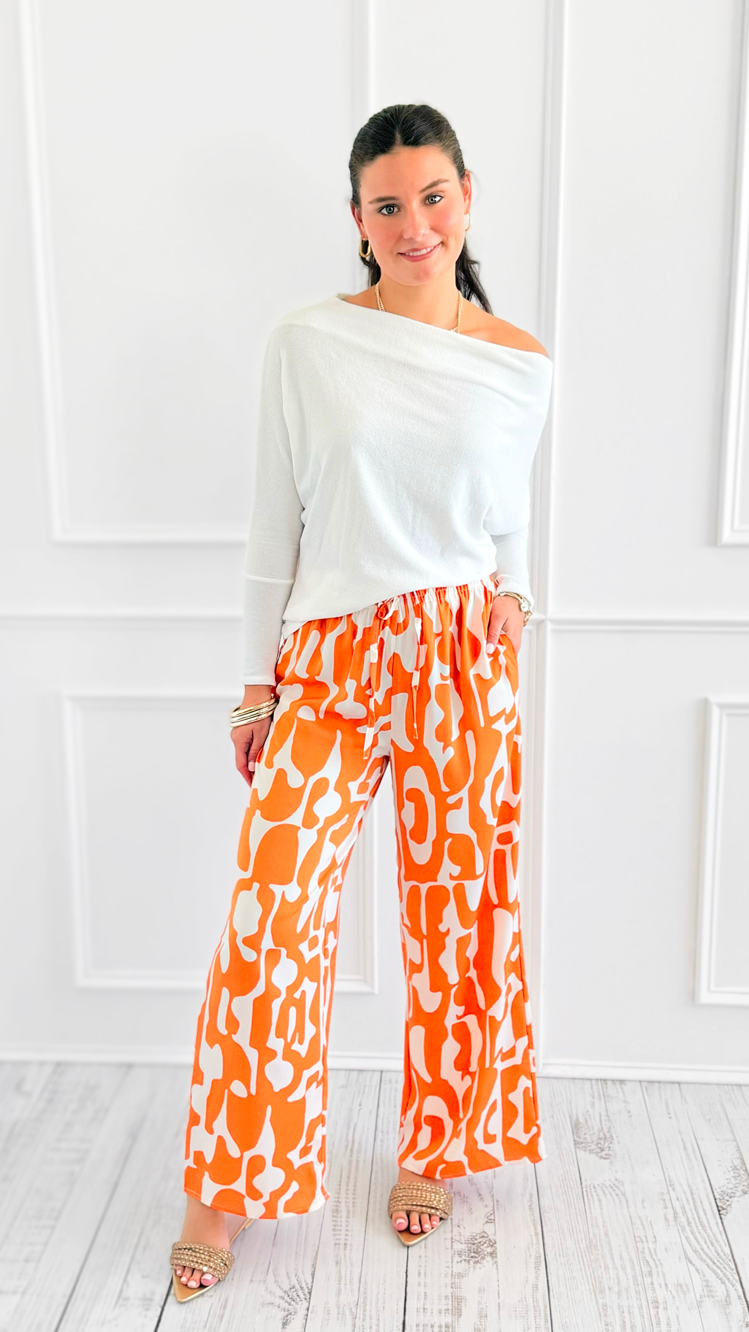 Tropic Whispers Wide Leg Pants - Orange-170 Bottoms-GIGIO-Coastal Bloom Boutique, find the trendiest versions of the popular styles and looks Located in Indialantic, FL