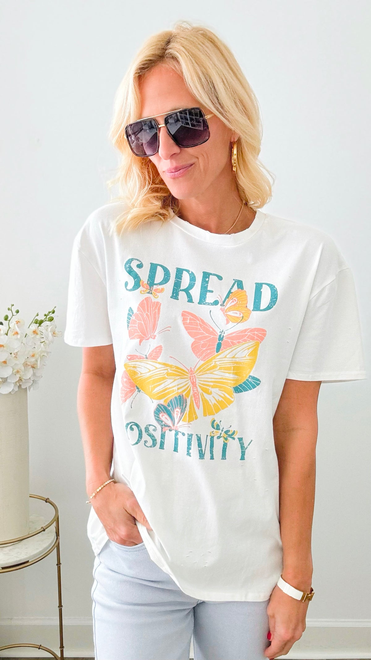 Butterfly Graphic Distressed T-Shirt-110 Short Sleeve Tops-Rousseau-Coastal Bloom Boutique, find the trendiest versions of the popular styles and looks Located in Indialantic, FL