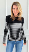 Striped Ribbed Knit Long Sleeve Top- Black-110 Long Sleeve Tops-English Factory-Coastal Bloom Boutique, find the trendiest versions of the popular styles and looks Located in Indialantic, FL