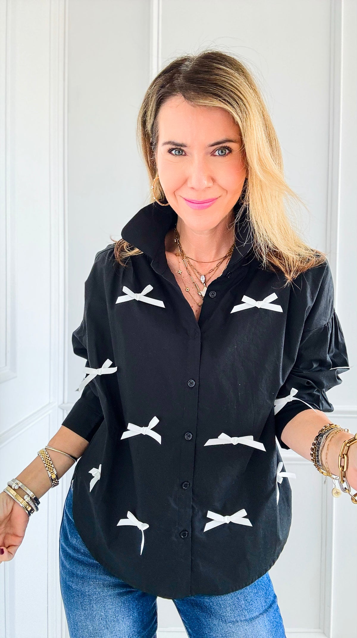 Bow-Tied Bliss Button-Up Top - Black-130 Long Sleeve Tops-JODIFL-Coastal Bloom Boutique, find the trendiest versions of the popular styles and looks Located in Indialantic, FL