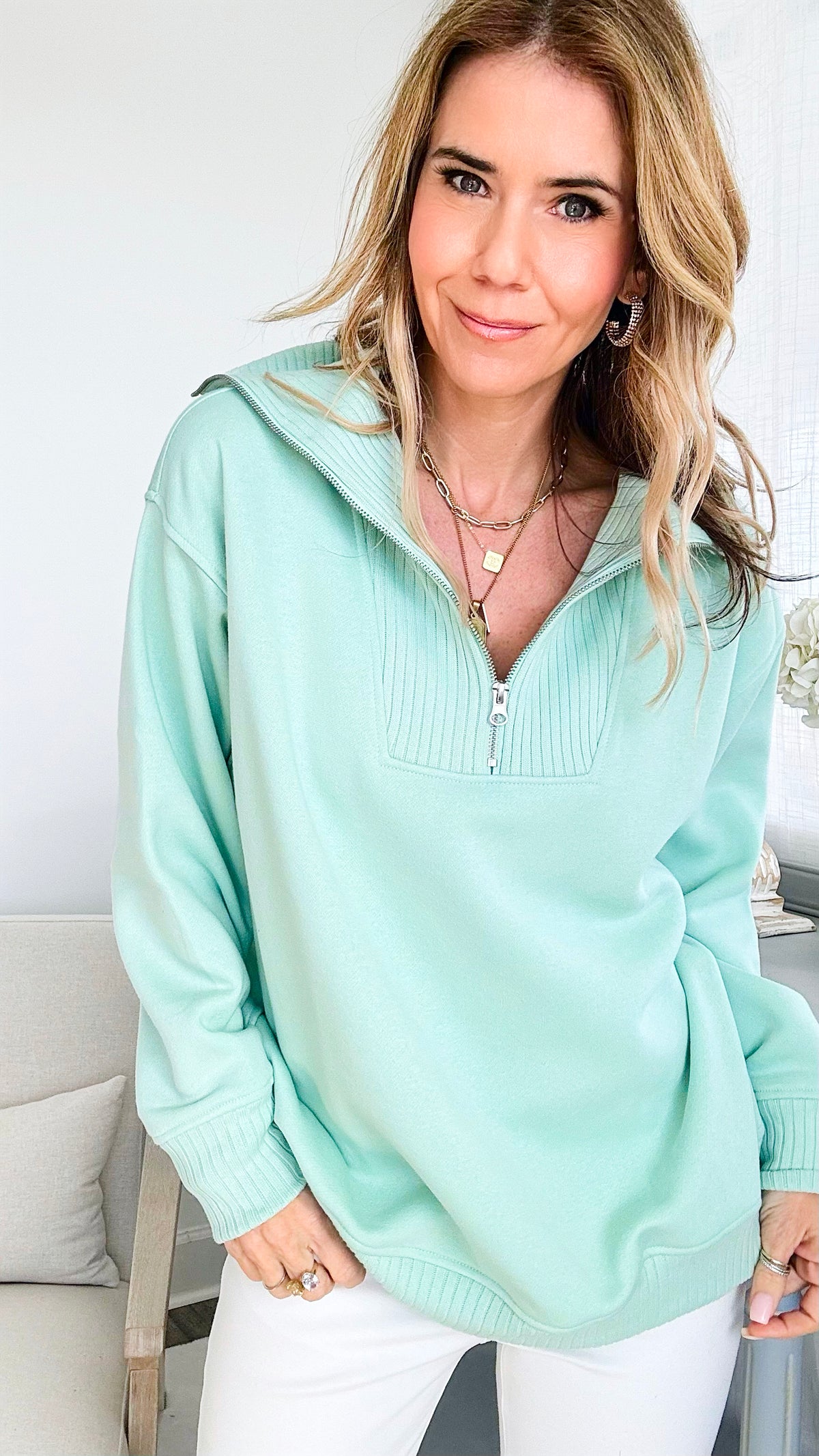 French Terry Ribbed Mock Neck Pullover - Mint-140 Sweaters-RAE MODE-Coastal Bloom Boutique, find the trendiest versions of the popular styles and looks Located in Indialantic, FL