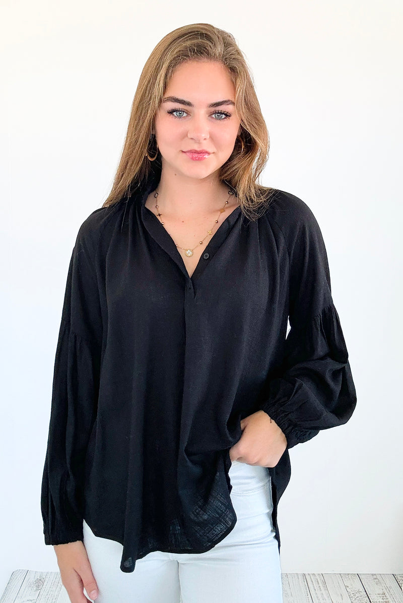 Savannah Breeze Peasant Blouse - Black-130 Long Sleeve Tops-ROUSSEAU-Coastal Bloom Boutique, find the trendiest versions of the popular styles and looks Located in Indialantic, FL