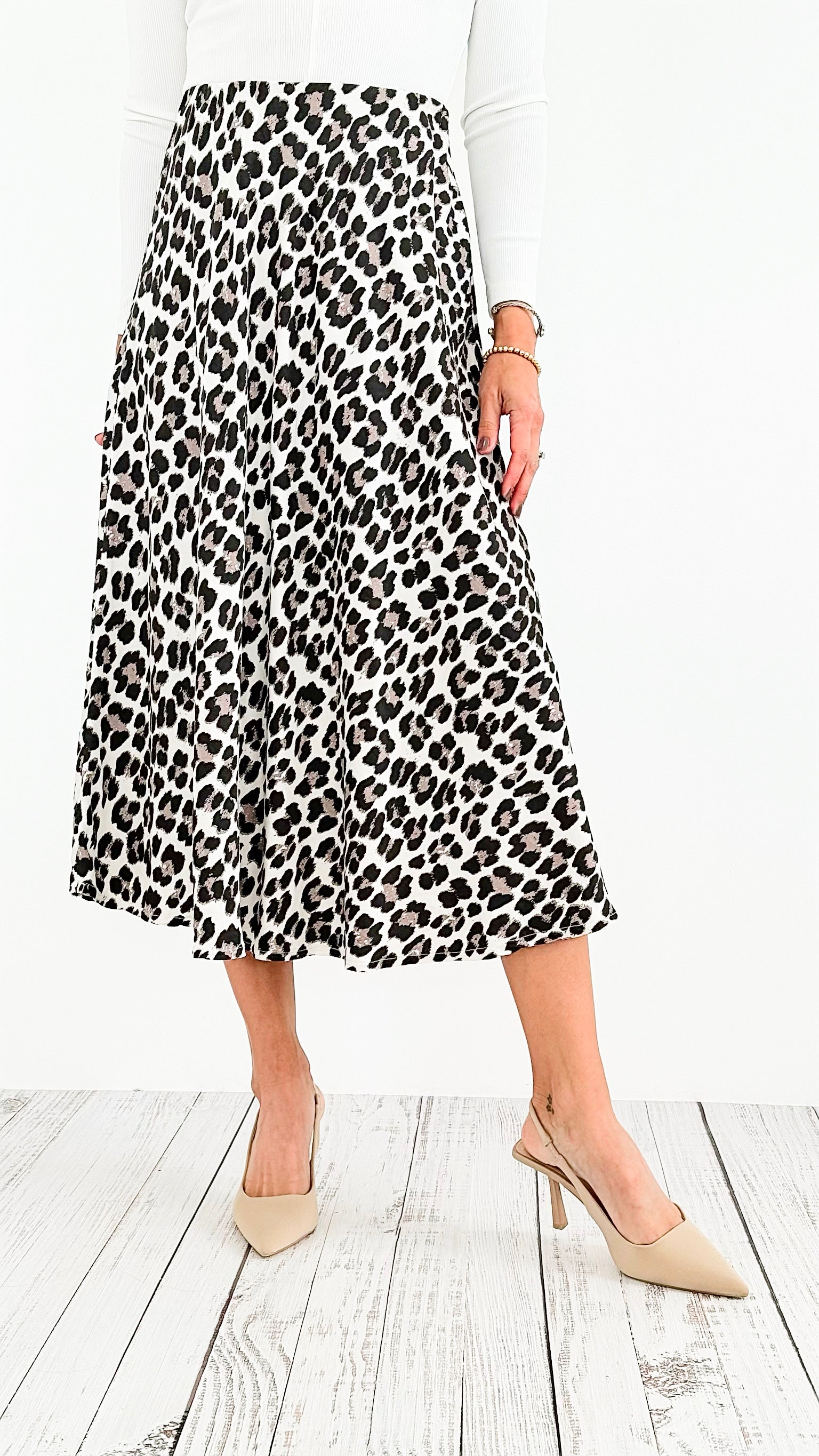 Spotted Italian Midi Skirt- Black-170 Bottoms-Italianissimo-Coastal Bloom Boutique, find the trendiest versions of the popular styles and looks Located in Indialantic, FL