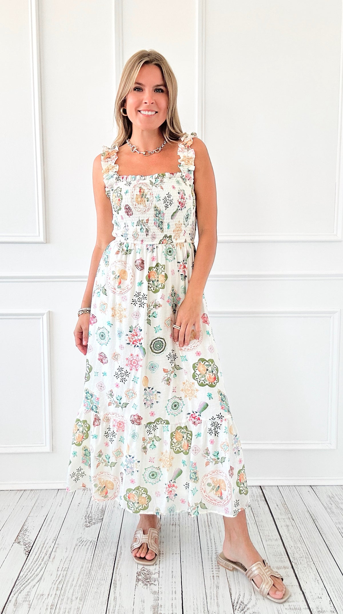 Seaside Mosaic Smocked Dress-200 Dresses/Jumpsuits/Rompers-Blu Pepper-Coastal Bloom Boutique, find the trendiest versions of the popular styles and looks Located in Indialantic, FL