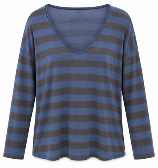 Weekend Stripe V-Neck Italian Top- Navy/Brown
