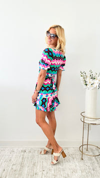 Groovy Puff Sleeves Mini Dress - Pink Brown-200 Dresses/Jumpsuits/Rompers-Rousseau-Coastal Bloom Boutique, find the trendiest versions of the popular styles and looks Located in Indialantic, FL