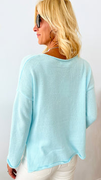 "Vacay" Lightweight Soft Sweater Top - Light Blue-140 Sweaters-MIRACLE-Coastal Bloom Boutique, find the trendiest versions of the popular styles and looks Located in Indialantic, FL