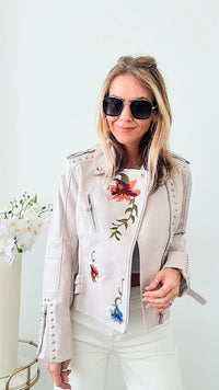 Floral Print Embroidery Faux Soft Leather Jacket-160 Jackets-CBALY-Coastal Bloom Boutique, find the trendiest versions of the popular styles and looks Located in Indialantic, FL