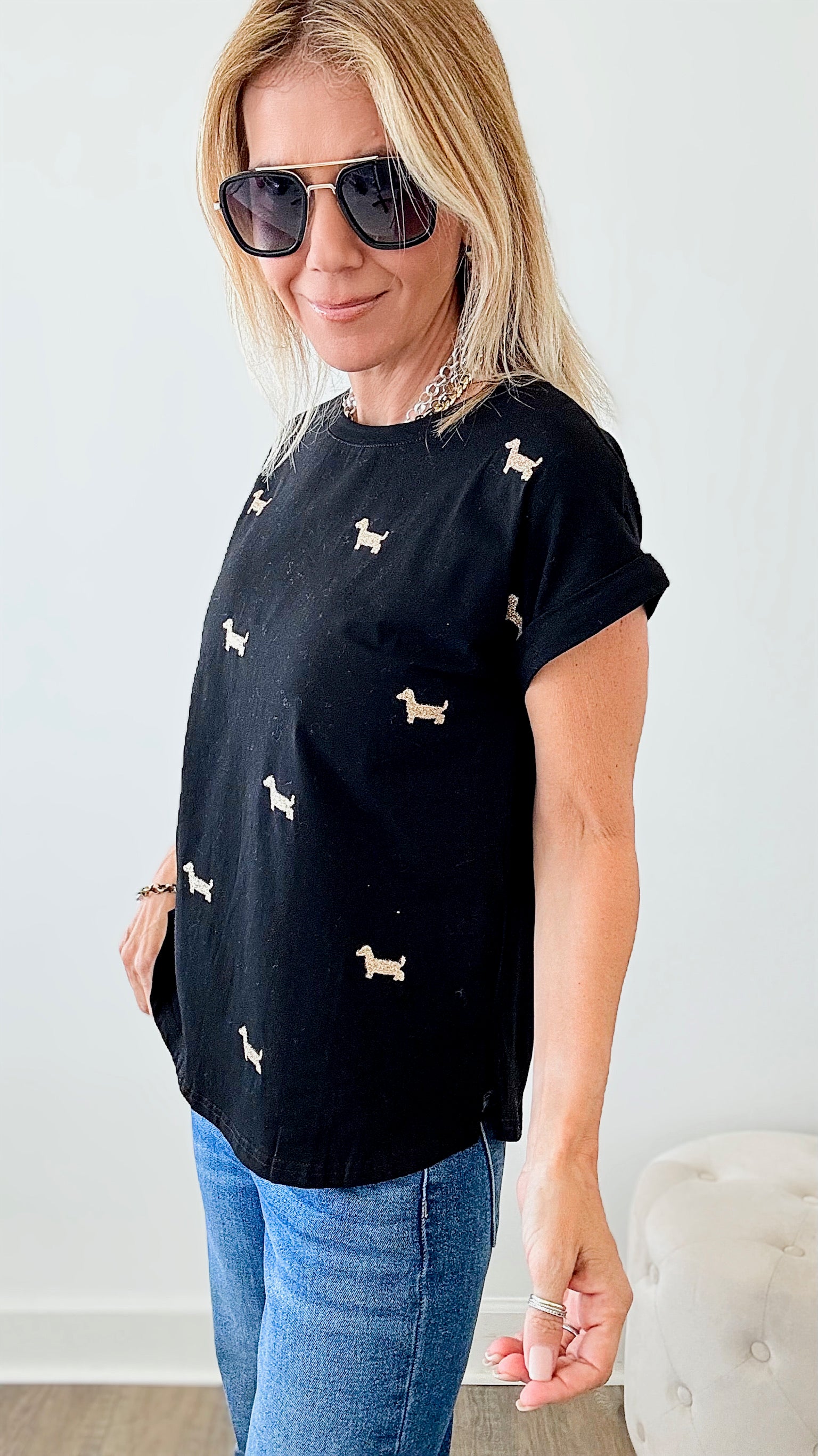 Gold Dachshund T-Shirt - Black-110 Short Sleeve Tops-TABA-Coastal Bloom Boutique, find the trendiest versions of the popular styles and looks Located in Indialantic, FL