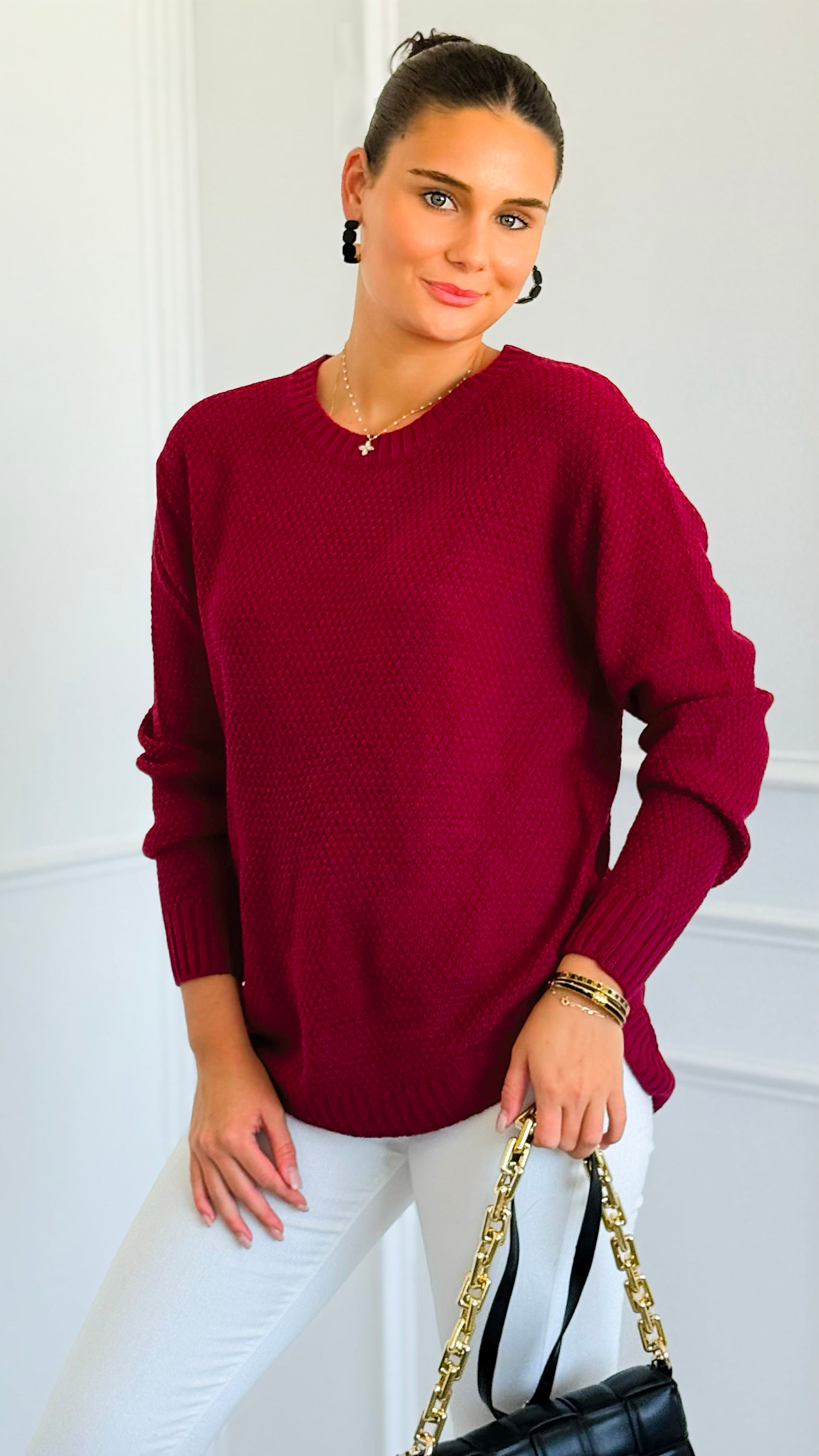 Round Neck Basic Sweater - Cabernet-140 Sweaters-Zenana-Coastal Bloom Boutique, find the trendiest versions of the popular styles and looks Located in Indialantic, FL
