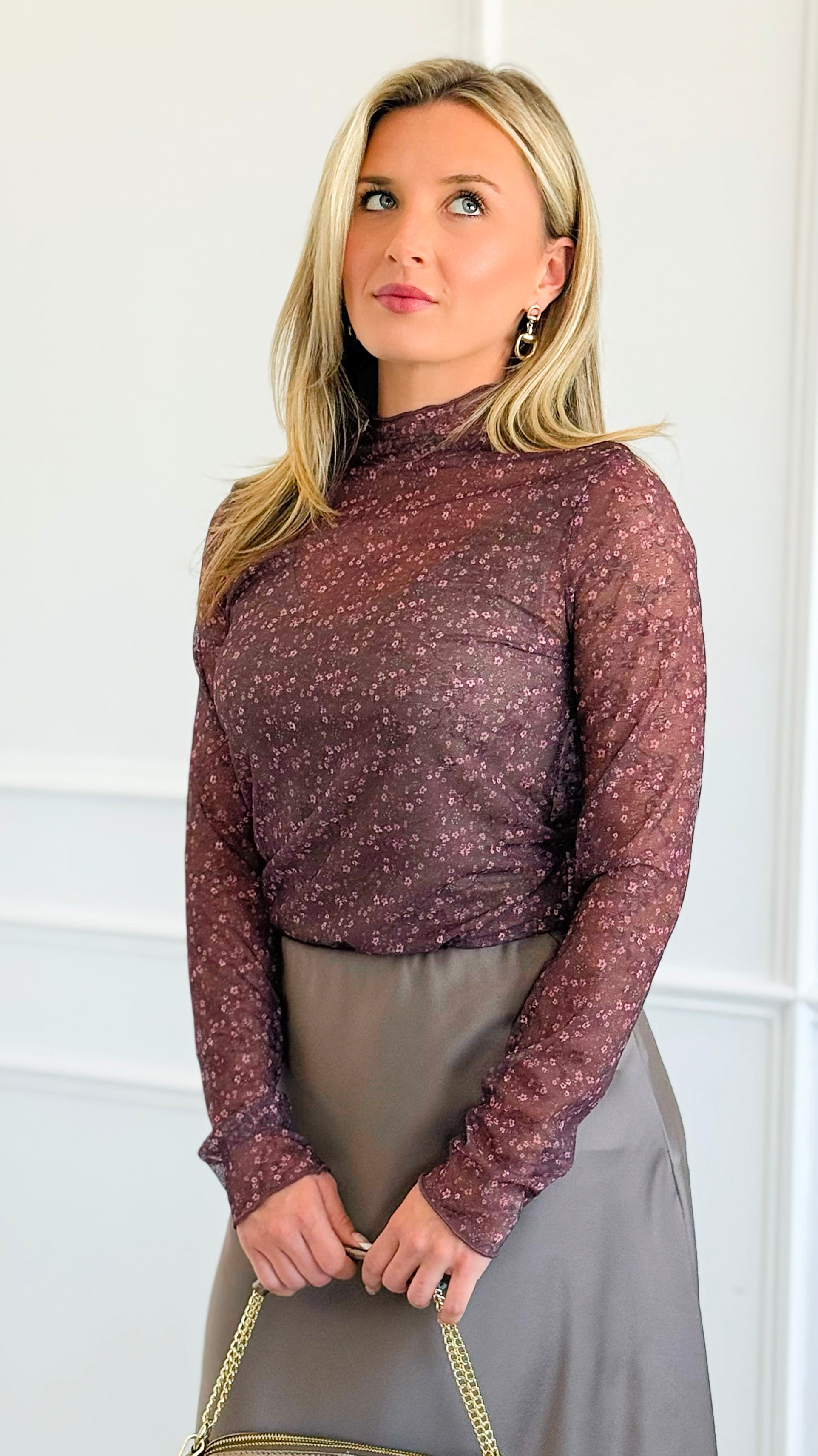 Dainty Meadow Mesh Top- Burgundy-110 Long Sleeve Tops-Umgee-Coastal Bloom Boutique, find the trendiest versions of the popular styles and looks Located in Indialantic, FL