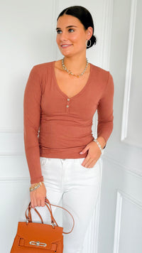 Button Me Up Ribbed Top - Dusty Copper-130 Long Sleeve Tops-YELETE-Coastal Bloom Boutique, find the trendiest versions of the popular styles and looks Located in Indialantic, FL