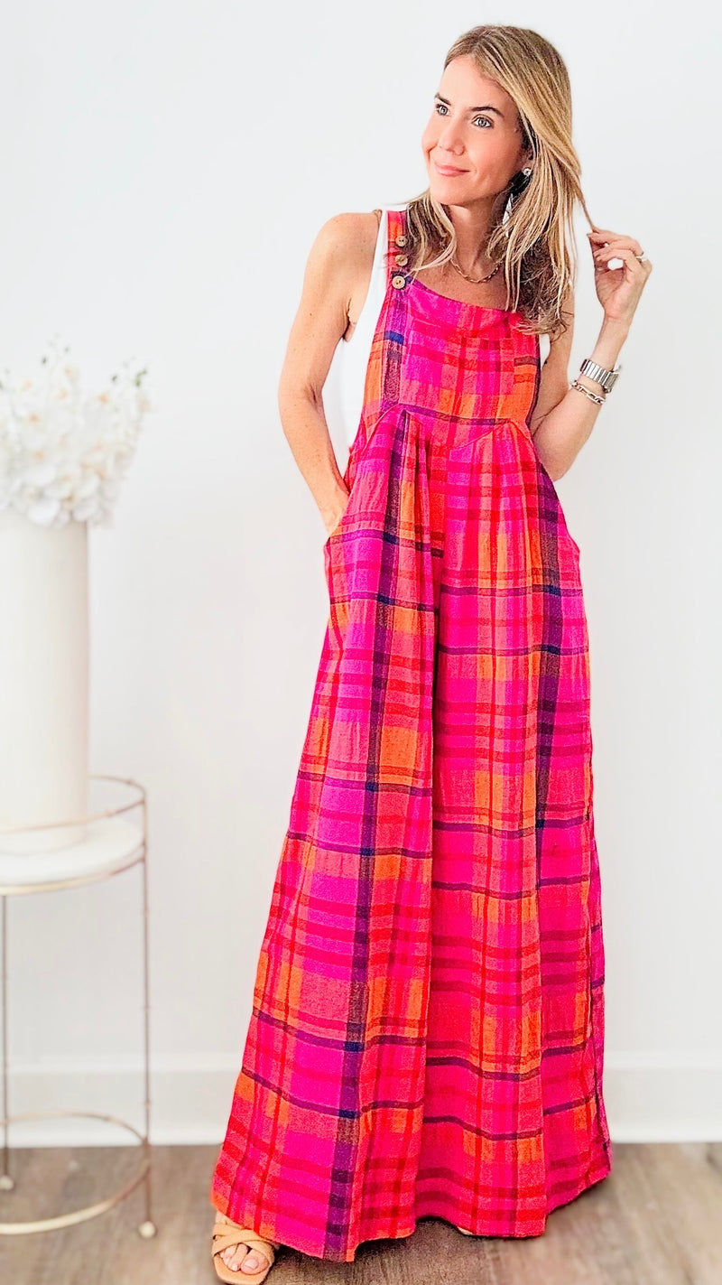 Vibrant Sunset Plaid Wide Leg Jumpsuit-200 dresses/jumpsuits/rompers-BIBI-Coastal Bloom Boutique, find the trendiest versions of the popular styles and looks Located in Indialantic, FL