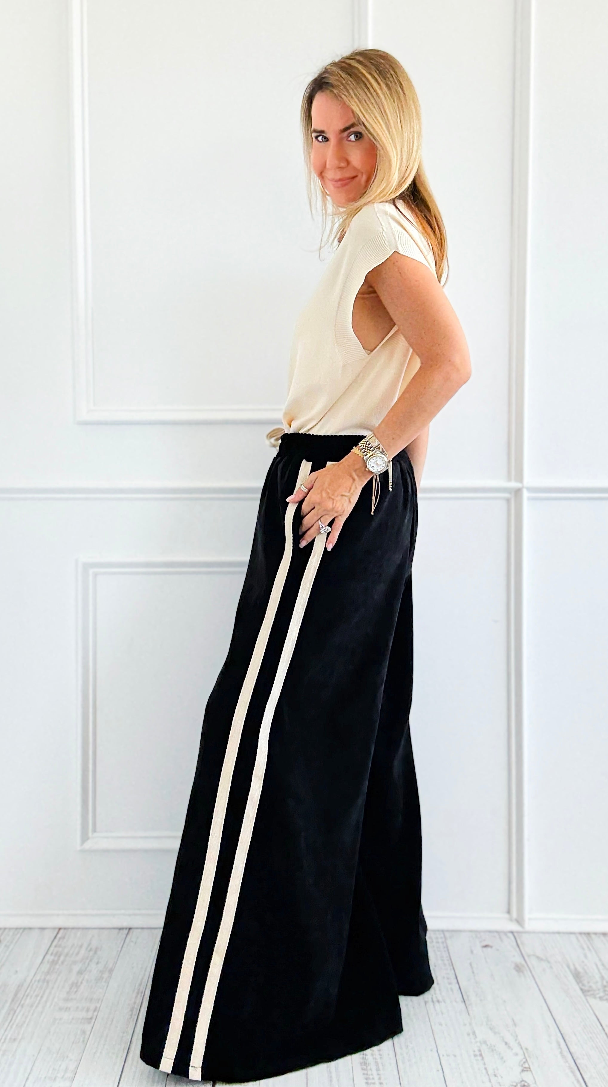 Tracked Threads Italian Palazzo- Black-100 Pants-AZUL MONACO-Coastal Bloom Boutique, find the trendiest versions of the popular styles and looks Located in Indialantic, FL
