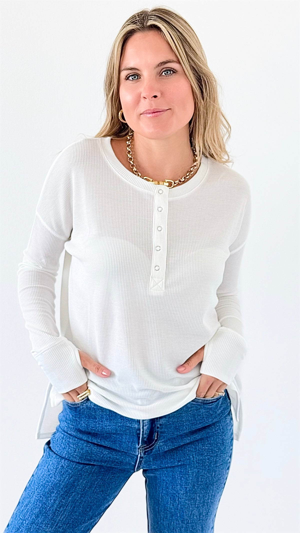 Button-Front Waffle Knit Top - Off White-110 Long Sleeve Tops-Zenana-Coastal Bloom Boutique, find the trendiest versions of the popular styles and looks Located in Indialantic, FL