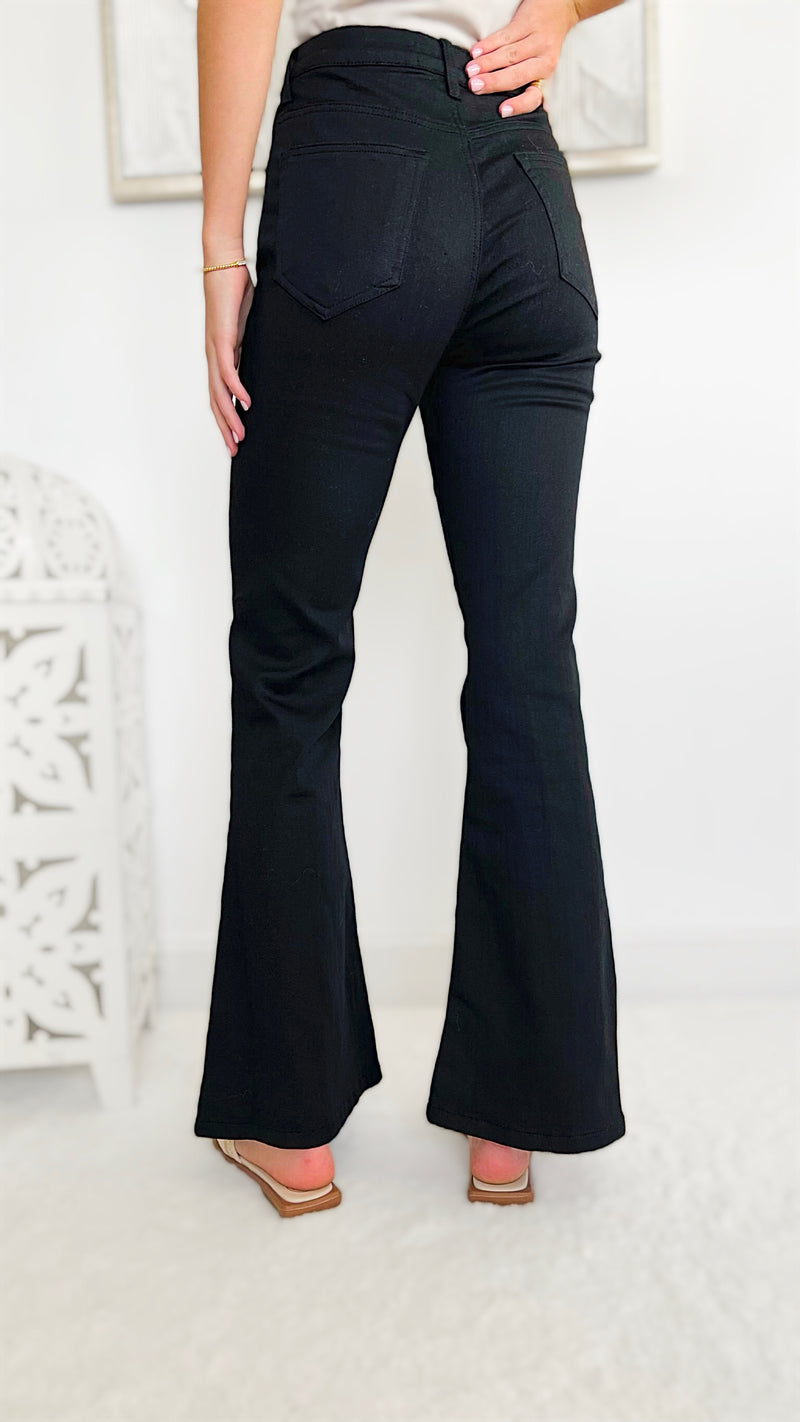 High Rise Black Coated Flare Jeans-170 Bottoms-RISEN JEANS-Coastal Bloom Boutique, find the trendiest versions of the popular styles and looks Located in Indialantic, FL