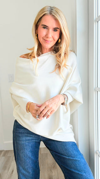 Relaxed Cowl Neck Ribbed Cuff Italian Sweater - Off White