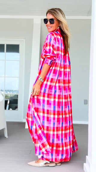 Sweet Check Italian Button Long Dress