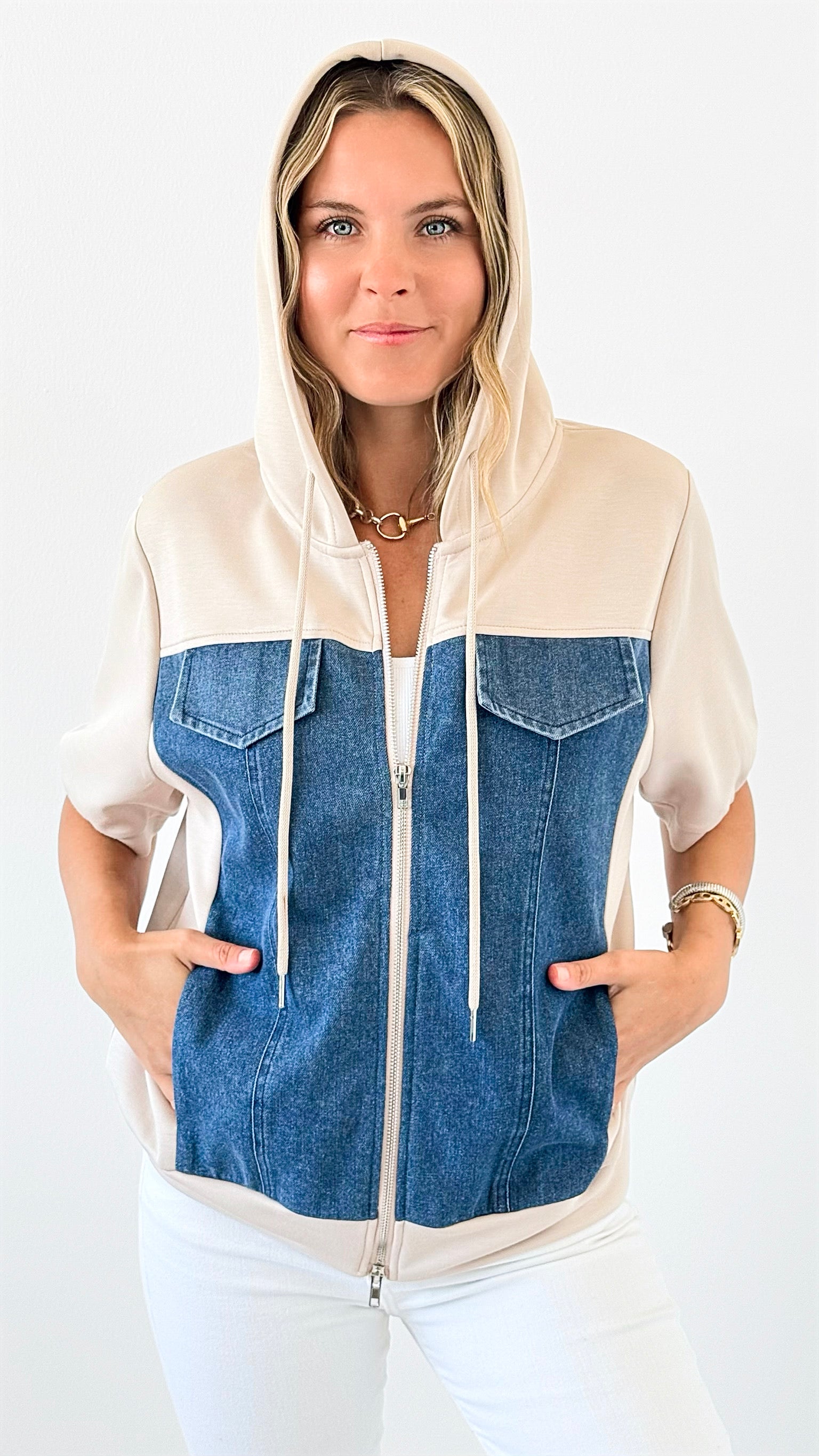 Denim Panel Short Sleeve Jacket-160 Jackets-Joh Apparel-Coastal Bloom Boutique, find the trendiest versions of the popular styles and looks Located in Indialantic, FL