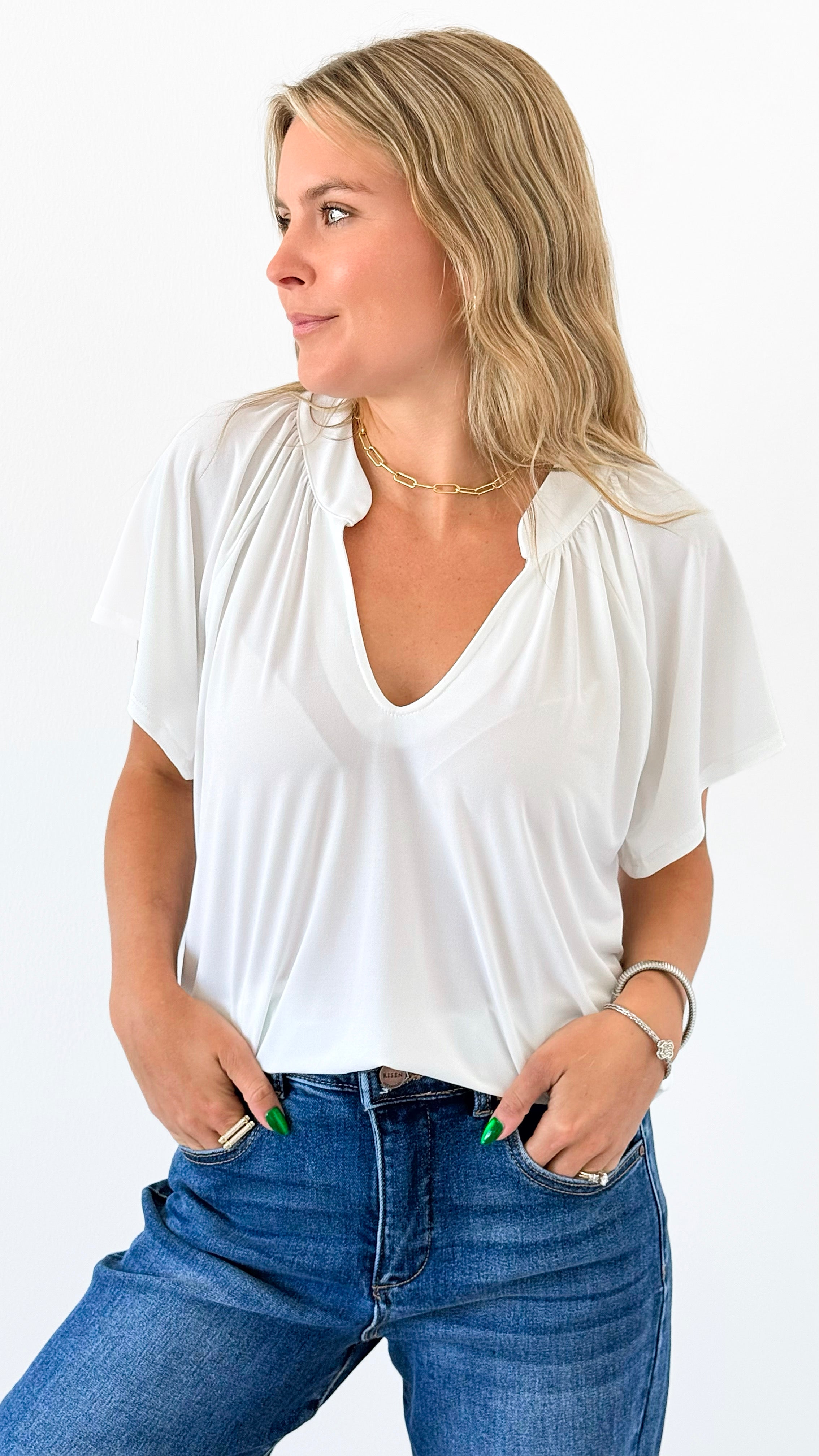 Flutter Away Pleated Top - Ivory-110 Short Sleeve Tops-Ariella-Coastal Bloom Boutique, find the trendiest versions of the popular styles and looks Located in Indialantic, FL