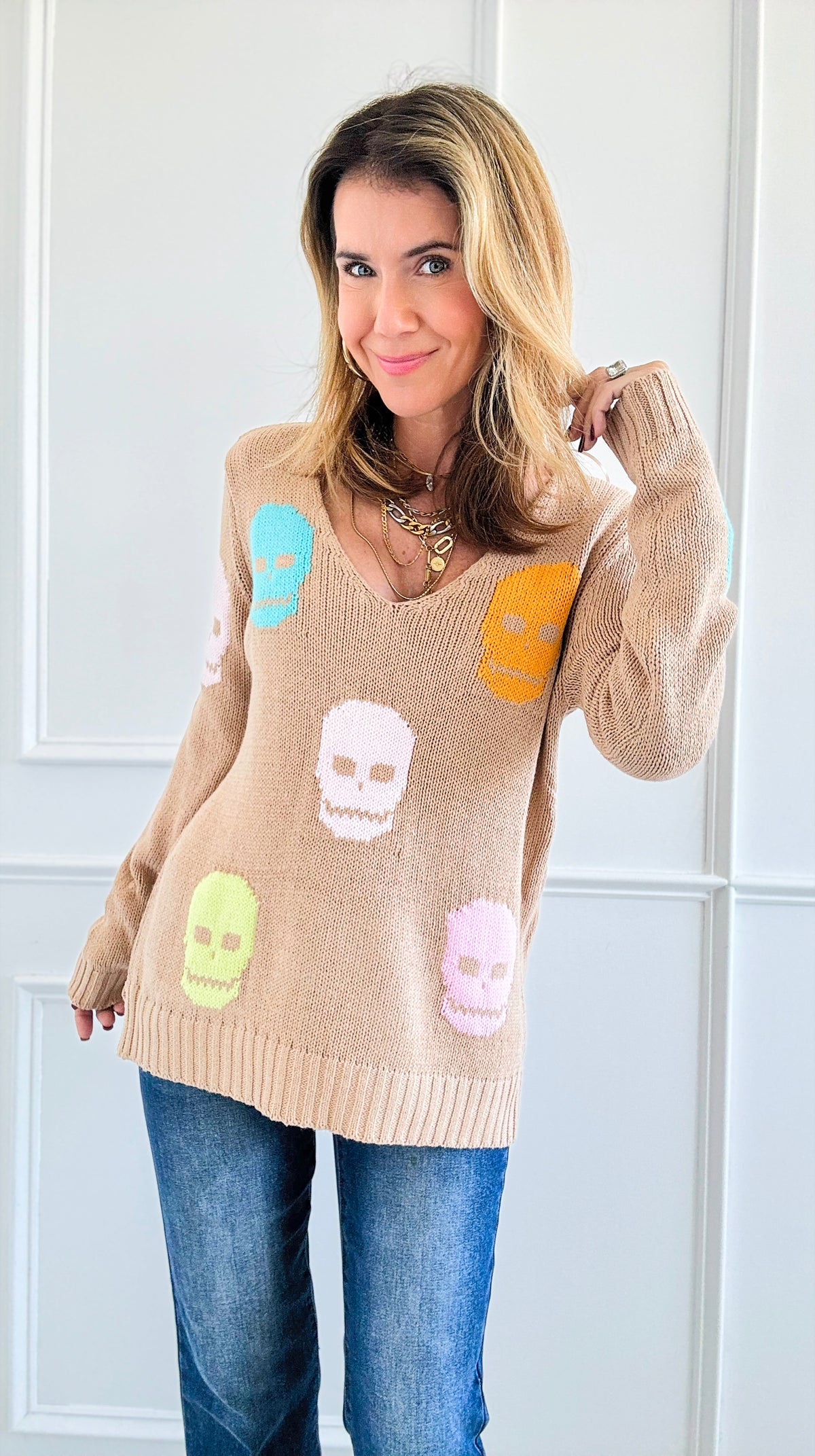 Sugar Skull Knit Sweater-140 Sweaters-Miracle-Coastal Bloom Boutique, find the trendiest versions of the popular styles and looks Located in Indialantic, FL