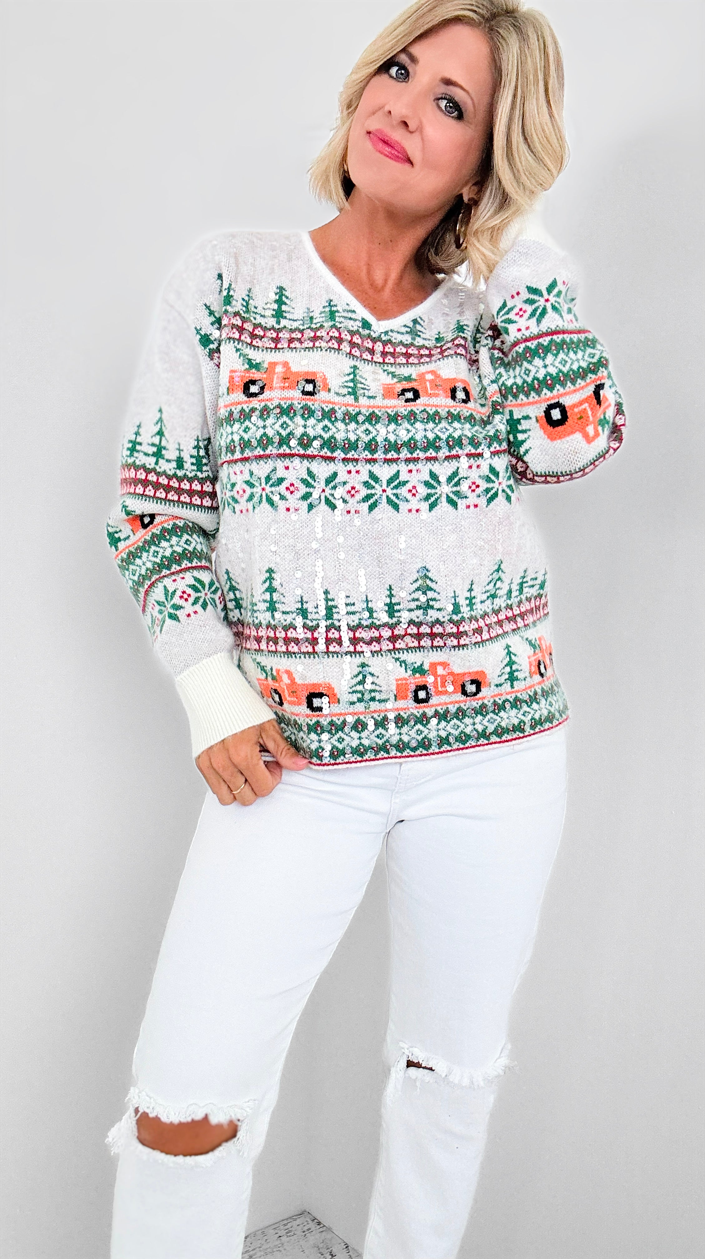 Cheer Truck Christmas Tree Sweater-130 Long Sleeve Tops-Why Dress-Coastal Bloom Boutique, find the trendiest versions of the popular styles and looks Located in Indialantic, FL