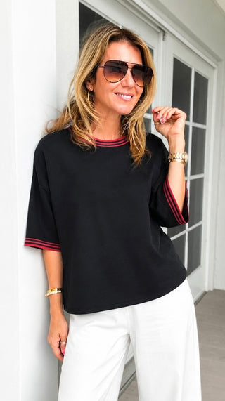 Sport Stripe Knit Top -  Black