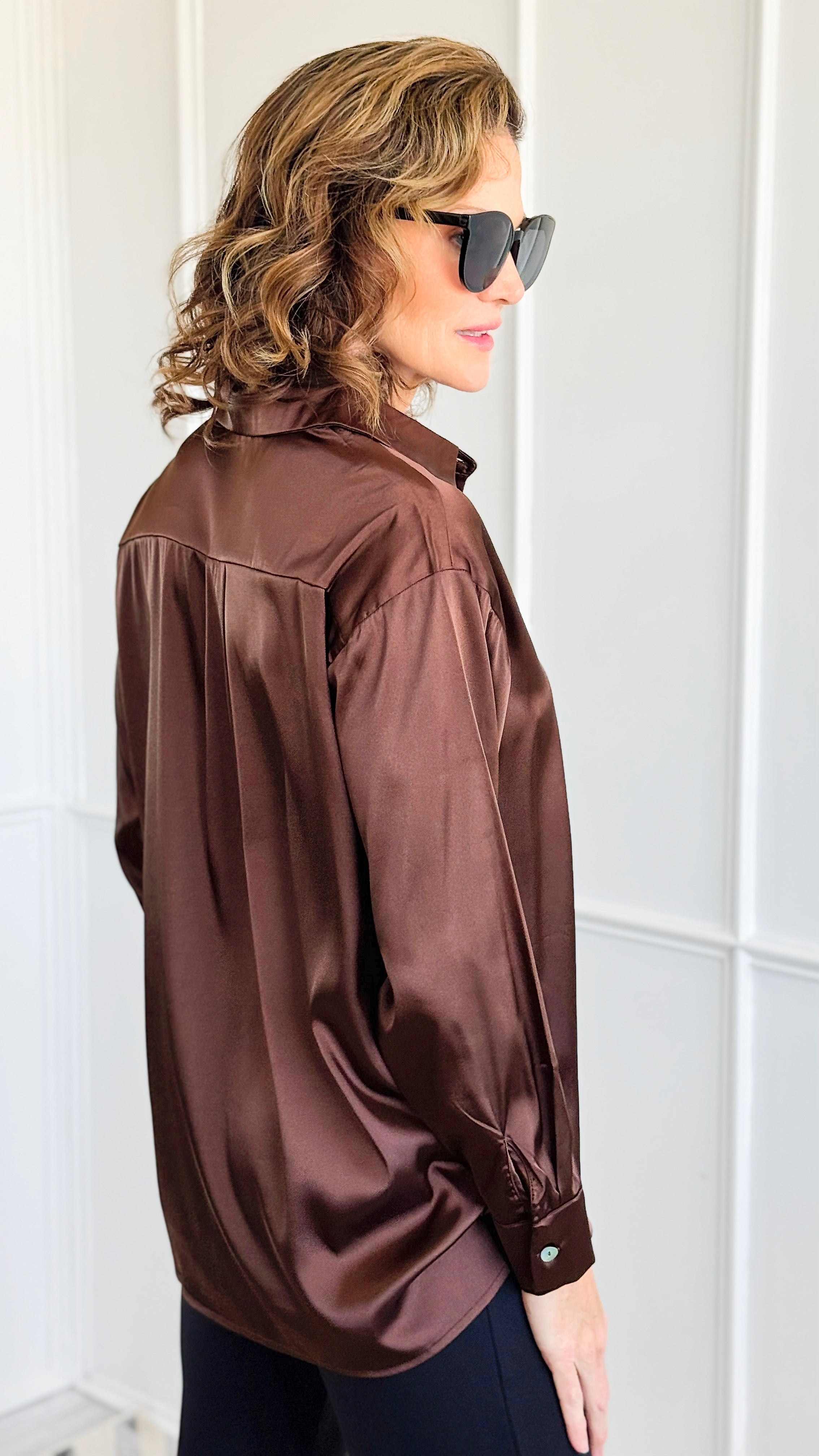 Vivienne Button Down Blouse - Brown-110 Long Sleeve Tops-Zenana-Coastal Bloom Boutique, find the trendiest versions of the popular styles and looks Located in Indialantic, FL