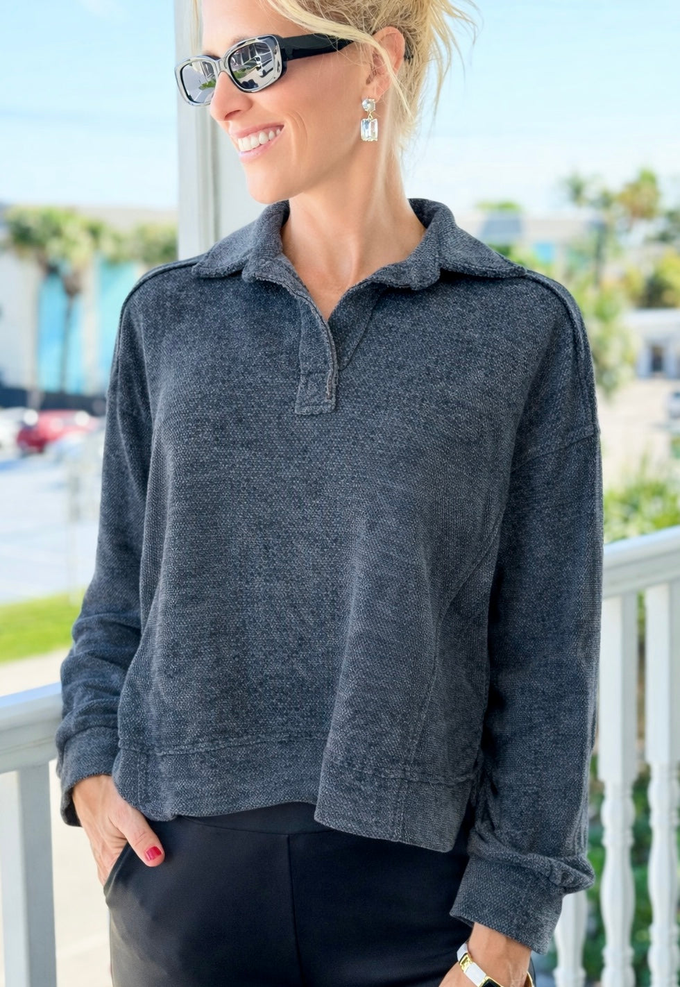 Wander Ease Textured Collar Top