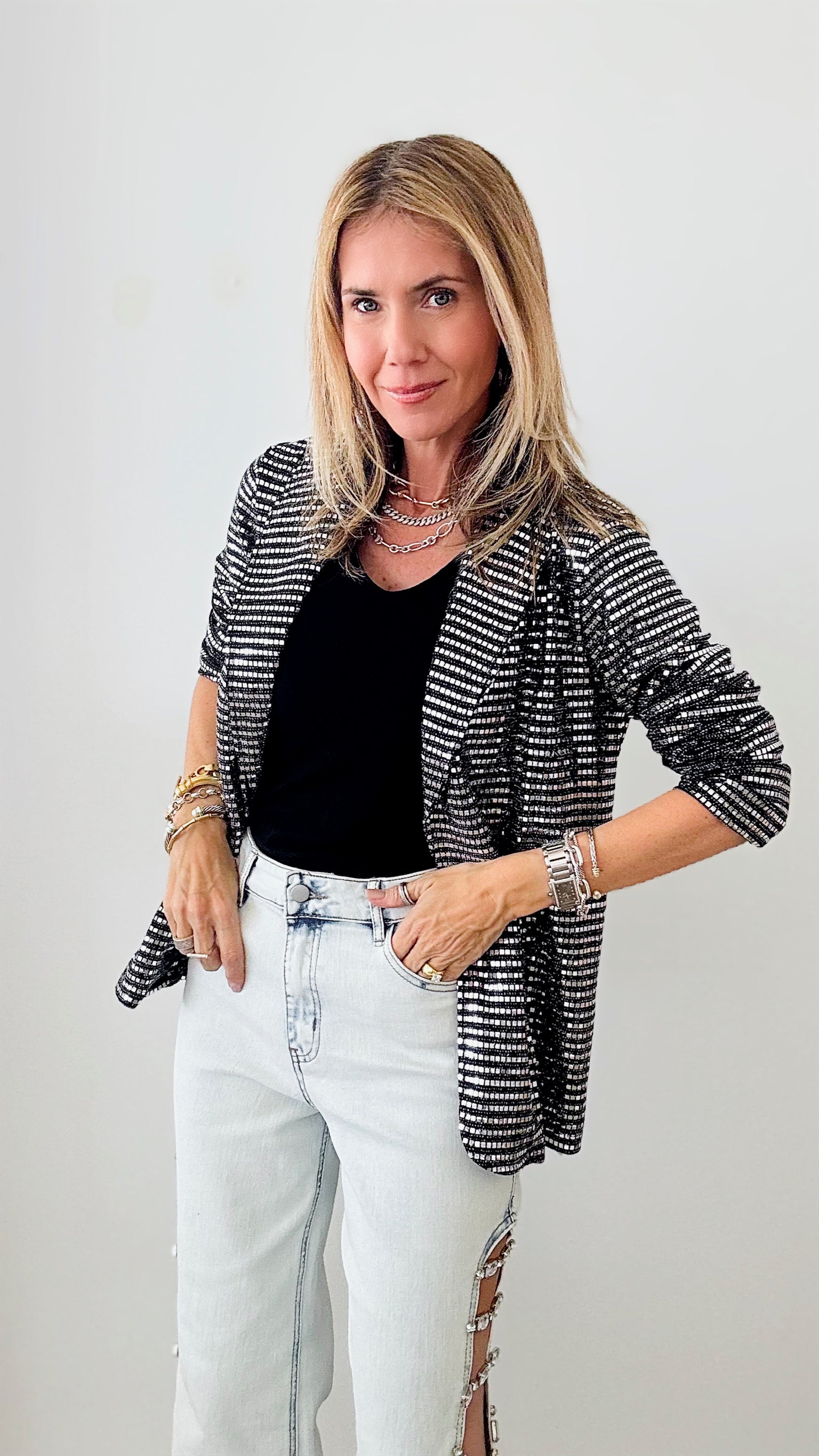 Mirror Ball Open Blazer-160 Jackets-ROUSSEAU-Coastal Bloom Boutique, find the trendiest versions of the popular styles and looks Located in Indialantic, FL