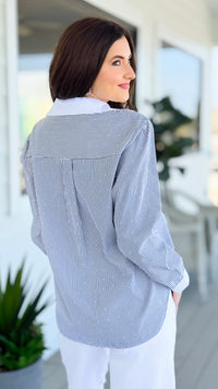 Detail Shine Striped Italian Button Top- Black/White