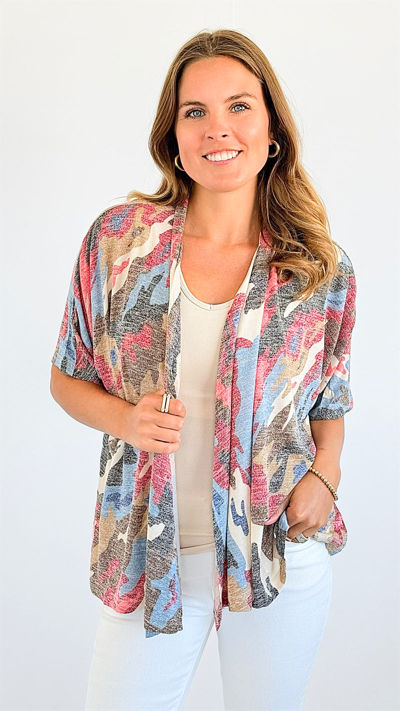 Camo Short Sleeve Open Cardigan-130 Long Sleeve Tops-ARYEH-Coastal Bloom Boutique, find the trendiest versions of the popular styles and looks Located in Indialantic, FL
