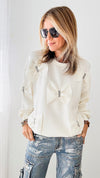 Fiora French Scuba Ribbon-Bow Sweatshirt - White-130 Long Sleeve Tops-Joh Apparel-Coastal Bloom Boutique, find the trendiest versions of the popular styles and looks Located in Indialantic, FL