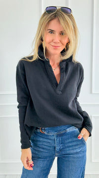 Eileen Cozy Lounge Collar Pullover Top - Black-110 Long Sleeve Tops-MONO B-Coastal Bloom Boutique, find the trendiest versions of the popular styles and looks Located in Indialantic, FL