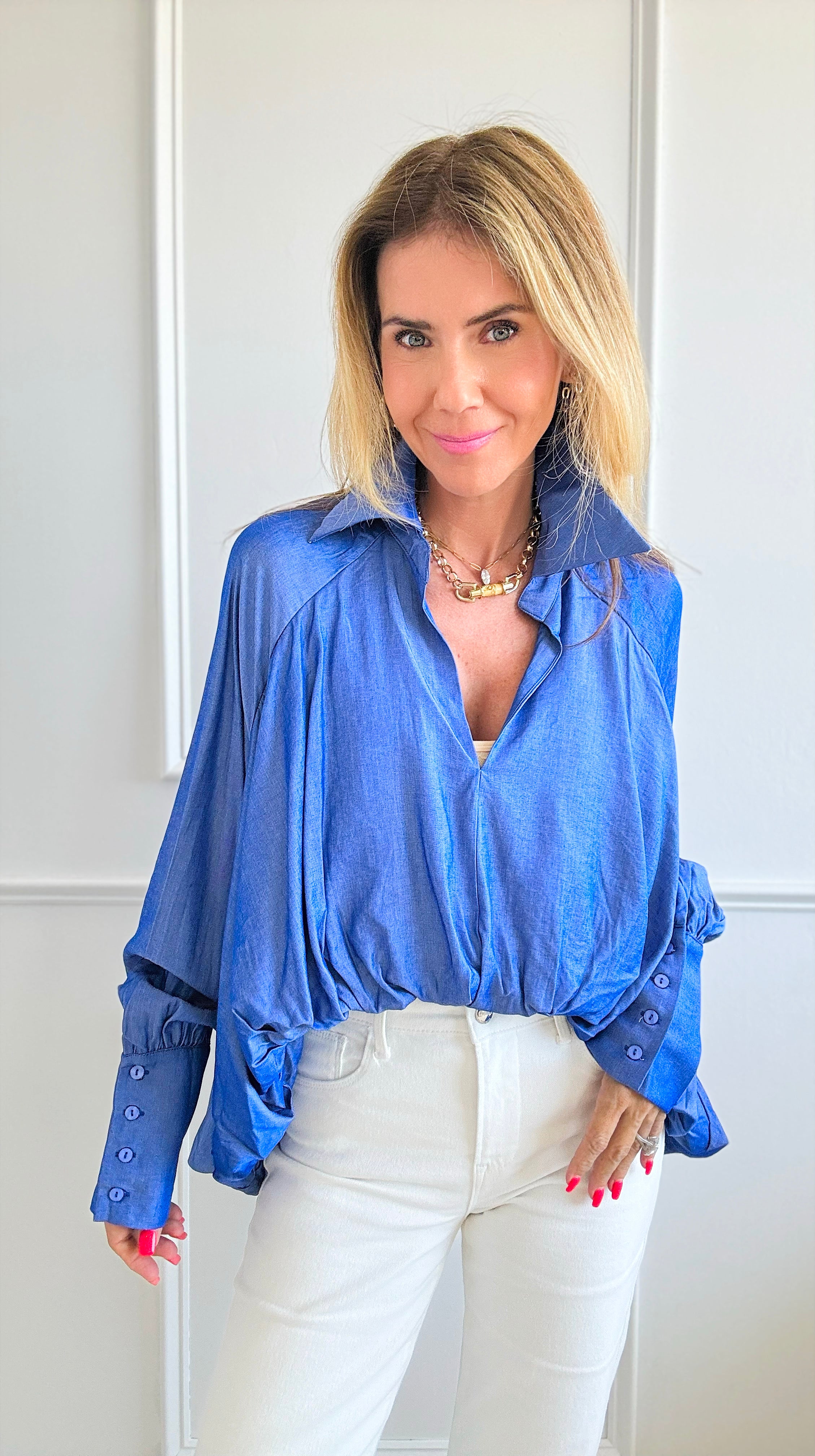 Hi-Low Draped Blouse - Denim Blue-130 Long Sleeve Tops-JJ's Fairyland-Coastal Bloom Boutique, find the trendiest versions of the popular styles and looks Located in Indialantic, FL